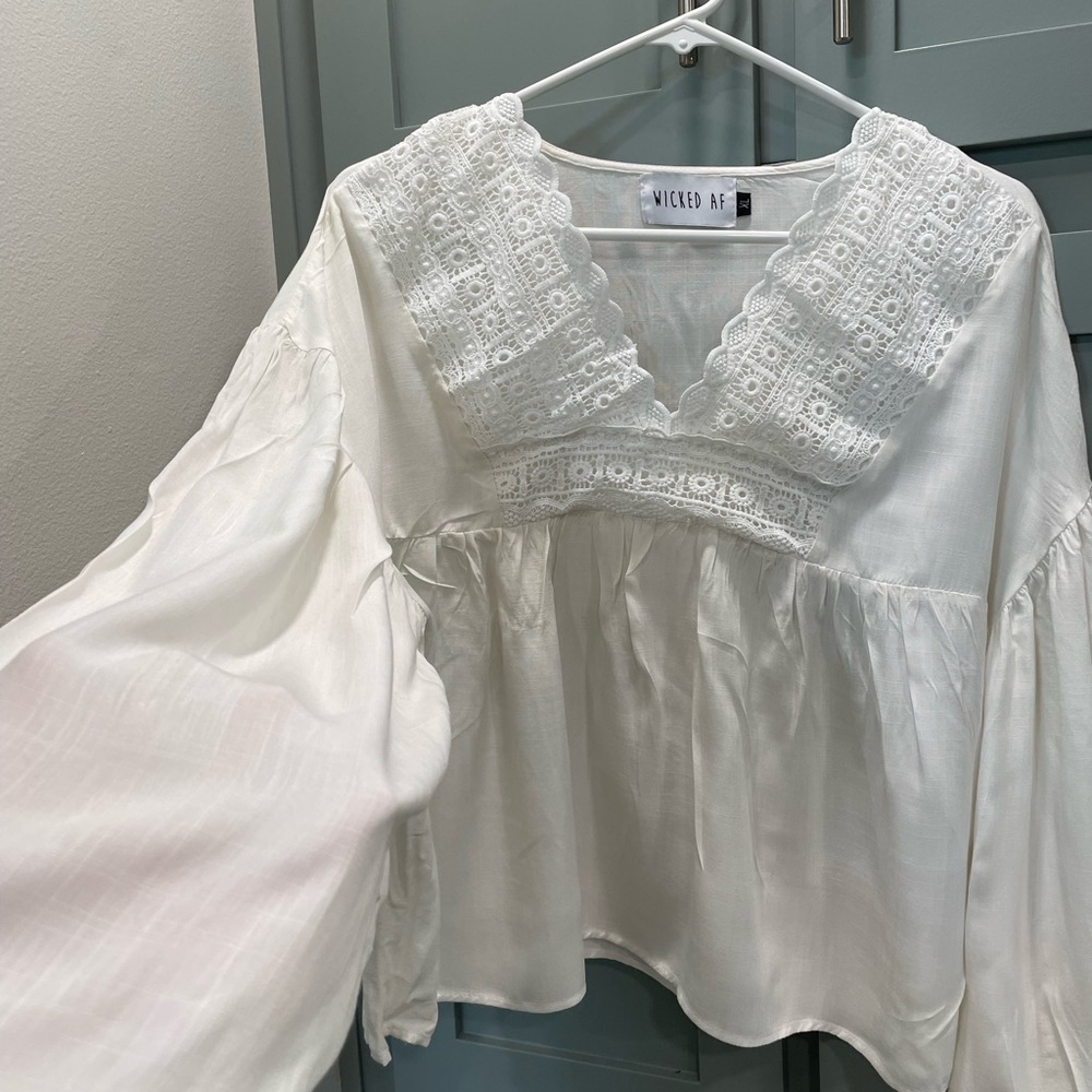 Boho White Crochet Yoke Peasant Top - Picture 8 of 10